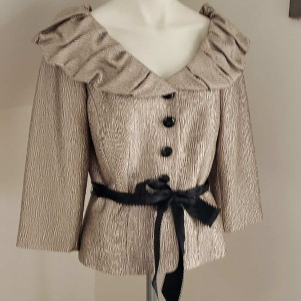 Adrianna Papell Evening Essentials gold metallic ruffle collar jacket Sz 10 - Picture 10 of 16